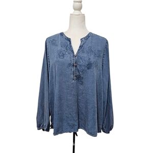 Chicos Chambray Pullon Blouse Loosefit Flowy Women's XL